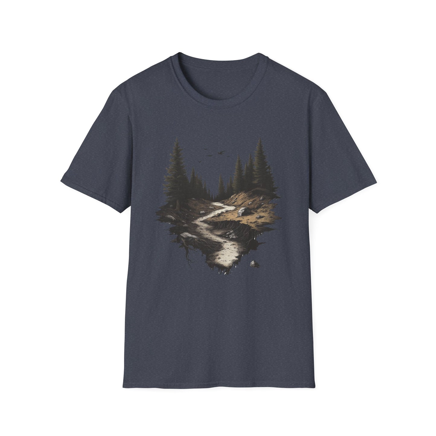 Dark Moody Forest Path T-Shirt - Artistic Pine Trees and Birds Design - Nature Adventure Outdoor Tee