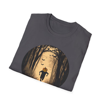 Pumpkin Head Trail Runner T-Shirt - Spooky Forest Running Shirt - Halloween Graphic Tee for Runners & Outdoor Lovers - Fall Running Shirt