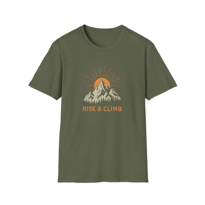 Rise & Climb Rock Climbing T-Shirt, Mountain Climber Tee, Outdoor Adventure Shirt, Inspirational Hiking Top, Mountaineer Gift for Men