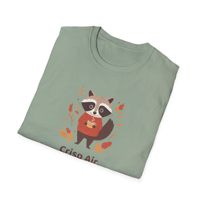 Crisp Air, Cozy Layers T-Shirt | Cute Raccoon T-Shirt | Cozy Autumn Vibes Tee | Woodland Animal Shirt | Fall Coffee Lovers Shirt