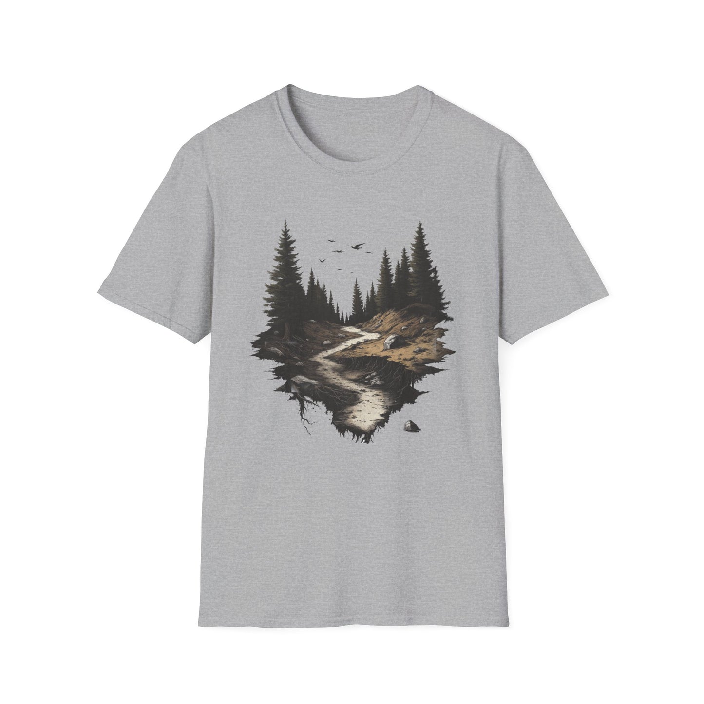 Dark Moody Forest Path T-Shirt - Artistic Pine Trees and Birds Design - Nature Adventure Outdoor Tee