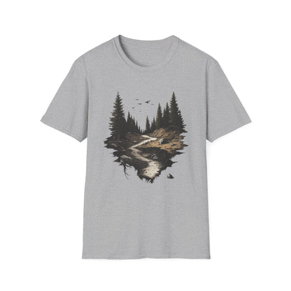 Dark Moody Forest Path T-Shirt - Artistic Pine Trees and Birds Design - Nature Adventure Outdoor Tee