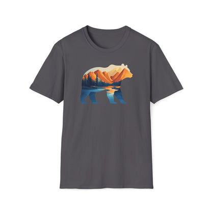 Mountain Bear Graphic T-Shirt - Scenic Sunset Landscape with Forest and Lake - Outdoor Adventure Wildlife Nature Tee