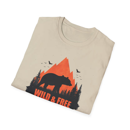 Wild & Free Retro Bear Mountain T-Shirt - Wilderness Nature Graphic Tee - Outdoor Wildlife Apparel - Men's Hiking Gift