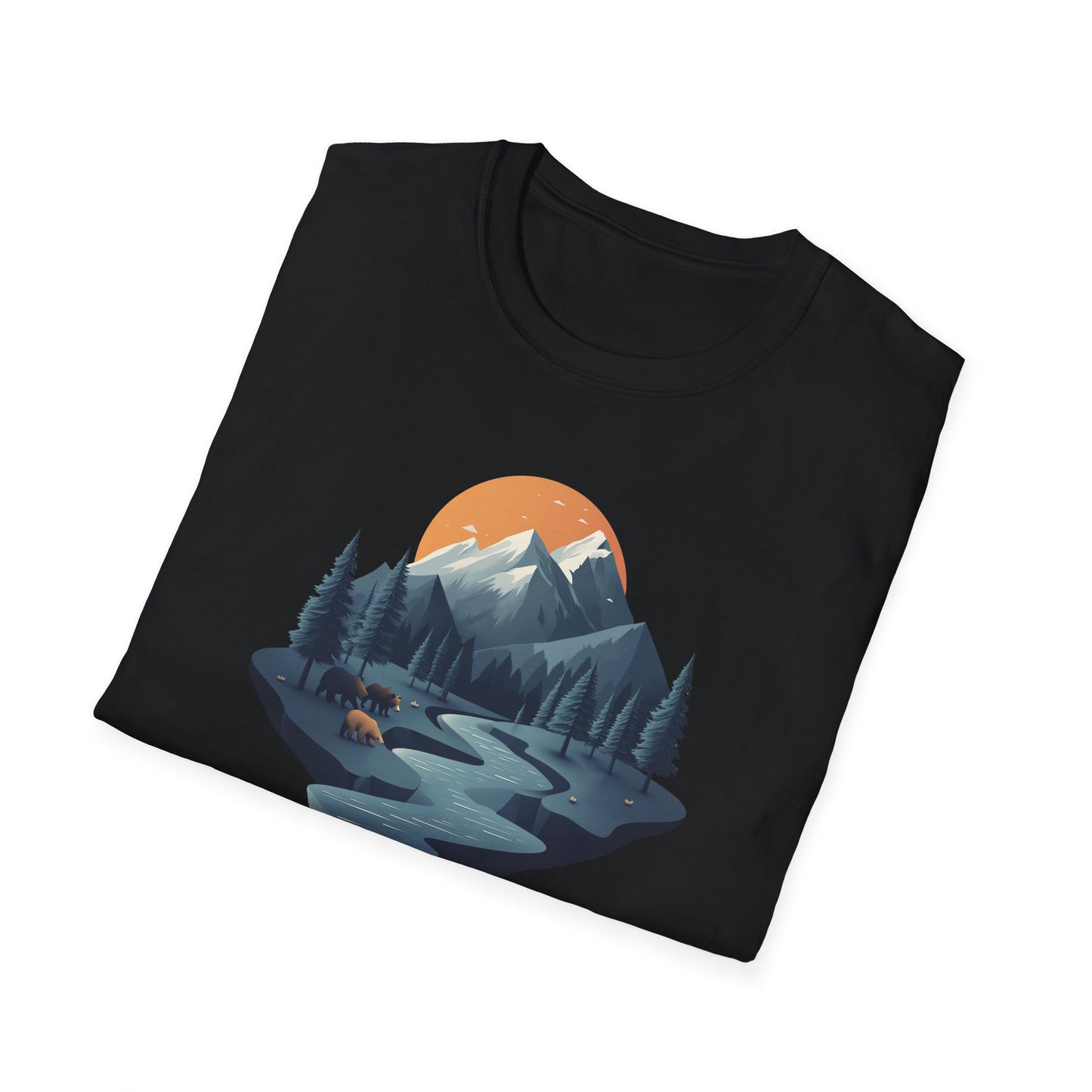 Mountain Sunset Isometric Landscape T-Shirt, Nature Scene Tee, Wilderness Hiking Shirt, Outdoor Adventure Top, Wildlife Graphic Tee