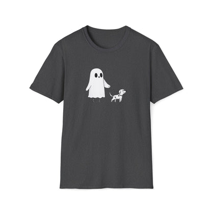 Ghost Walking Dog Unisex T-Shirt, Halloween Tee, Spooky Cute Shirt, Dog Lover Halloween Gift, Minimalistic Ghost Design