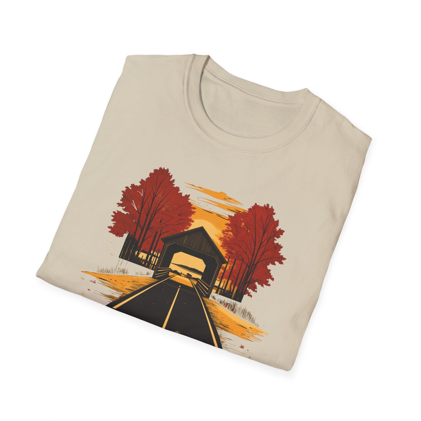 Autumn Adventure Awaits T-Shirt | Fall Nature Graphic | Covered Bridge Fall Shirt | Autumn Road Trip Shirt | Fall Apparel for Nature Lovers