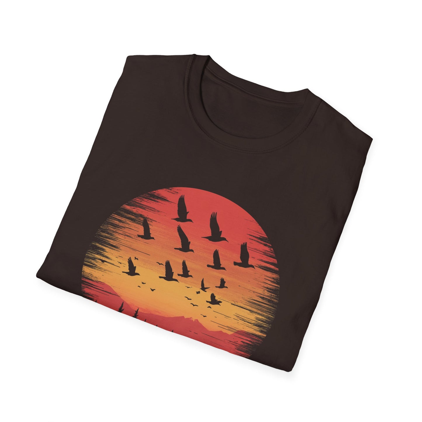 Sunset Flock T-Shirt | Minimalist Nature Design | Outdoors Graphic Tee | Birds Flying Over Forest at Sunset | Perfect for Nature Lovers