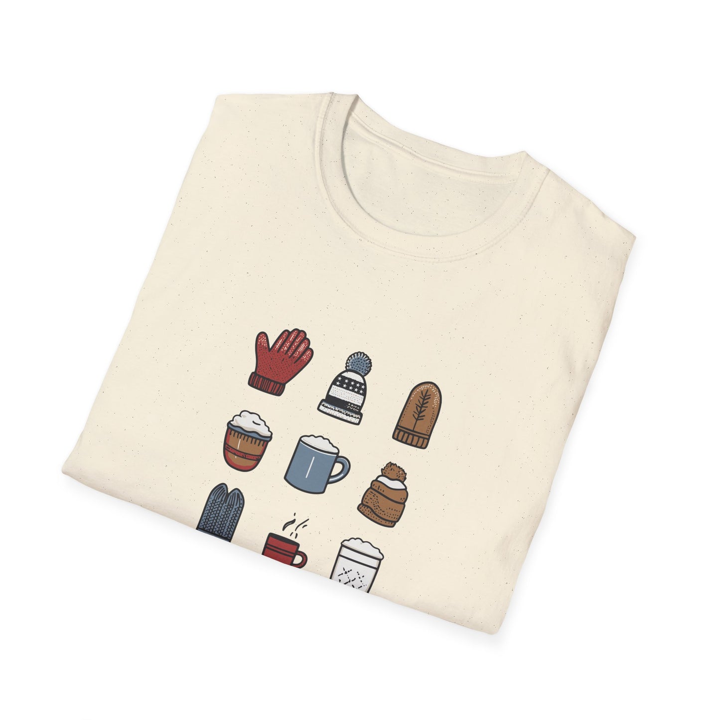 Cozy Season Essentials T-Shirt | Winter Holiday Tee | Cute Minimalist Shirt | Cozy Gift for Her | Hot Cocoa, Mittens, Beanies