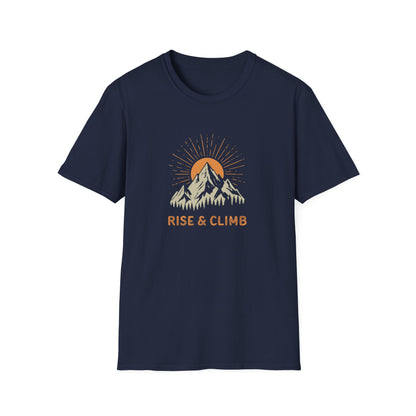 Rise & Climb Rock Climbing T-Shirt, Mountain Climber Tee, Outdoor Adventure Shirt, Inspirational Hiking Top, Mountaineer Gift for Men