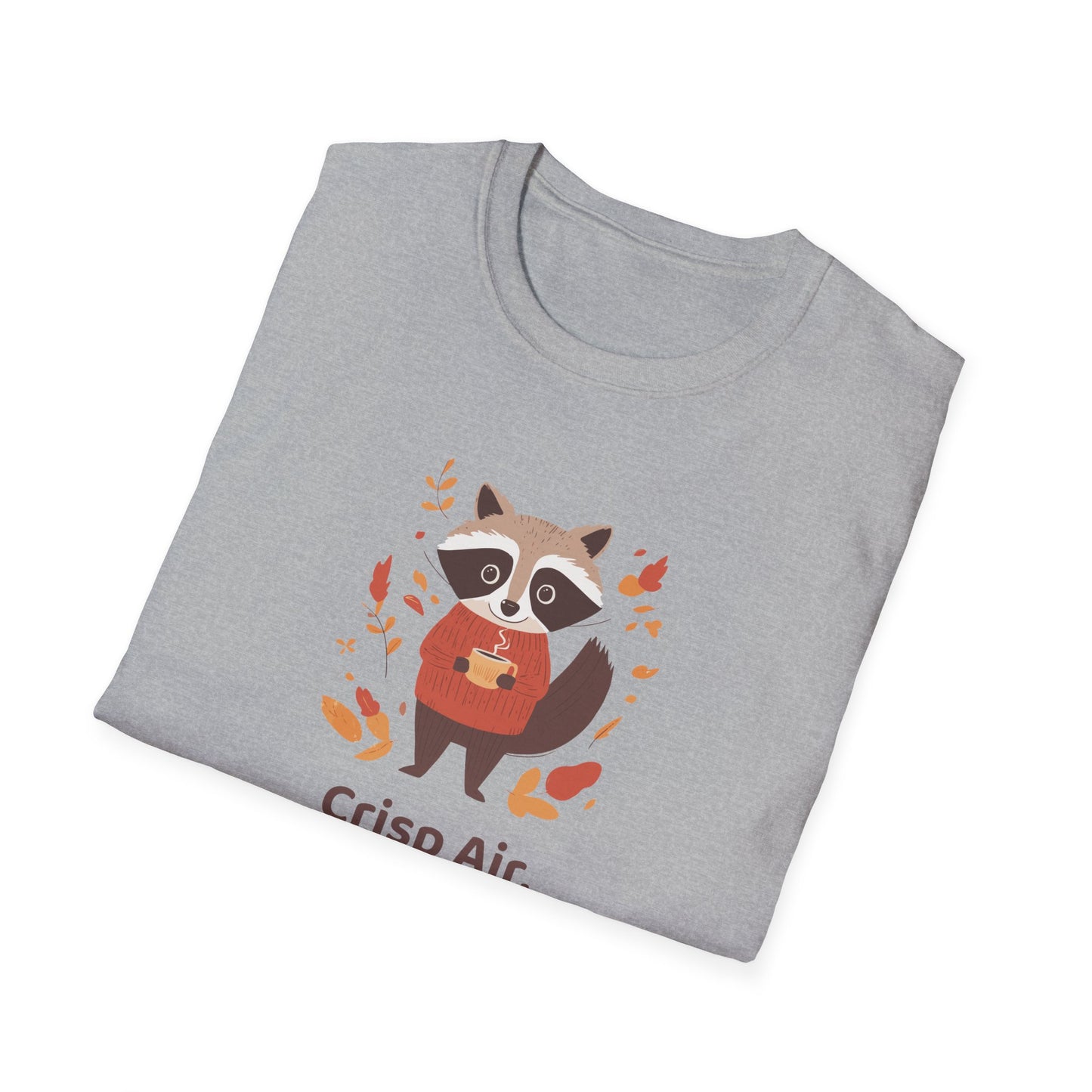 Crisp Air, Cozy Layers T-Shirt | Cute Raccoon T-Shirt | Cozy Autumn Vibes Tee | Woodland Animal Shirt | Fall Coffee Lovers Shirt