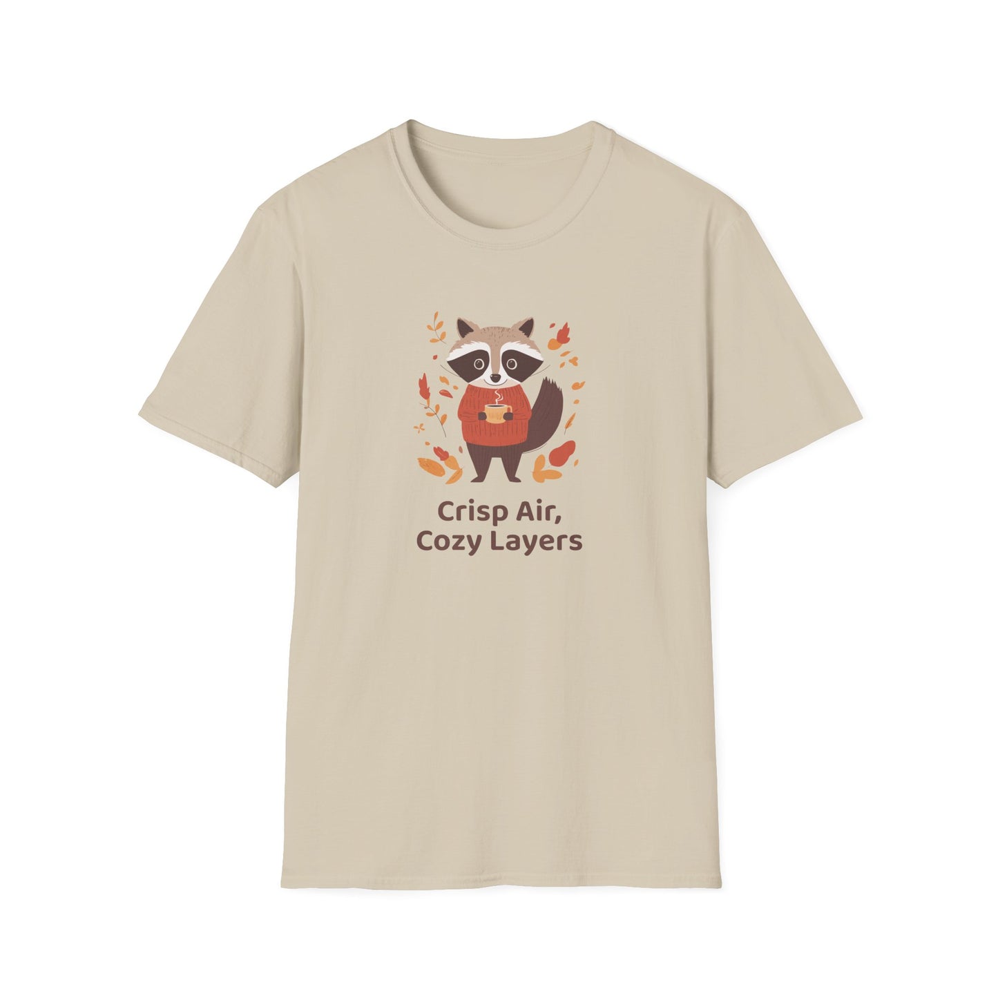 Crisp Air, Cozy Layers T-Shirt | Cute Raccoon T-Shirt | Cozy Autumn Vibes Tee | Woodland Animal Shirt | Fall Coffee Lovers Shirt