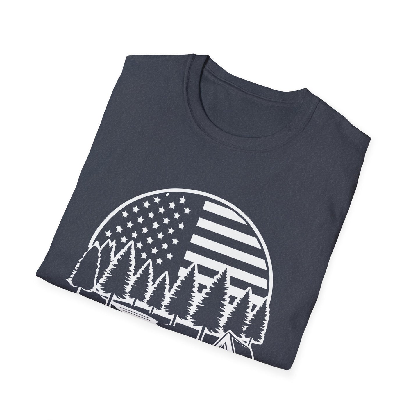 Patriotic Camping T-Shirt - American Flag Outdoor Graphic Tee - Nature Lover's Hiking Shirt - Perfect for 2024 Election Season