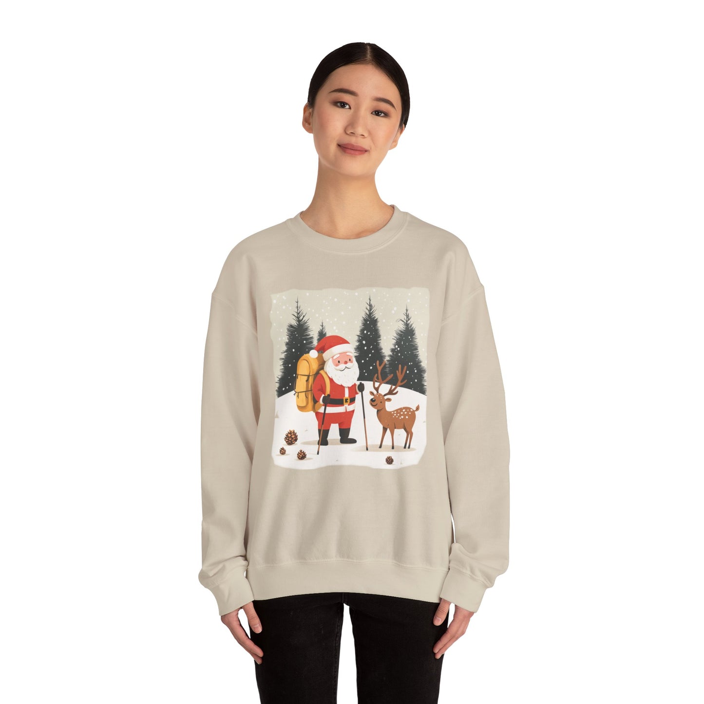 Santa Hiking Sweatshirt, Whimsical Holiday Gear, Perfect for Winter Adventures, Unique Christmas Gift for Him & Her