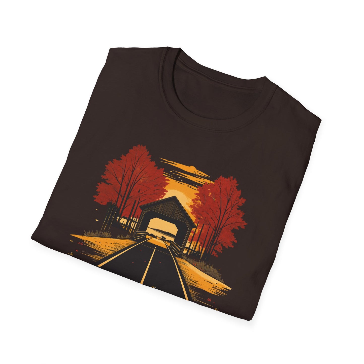 Autumn Adventure Awaits T-Shirt | Fall Nature Graphic | Covered Bridge Fall Shirt | Autumn Road Trip Shirt | Fall Apparel for Nature Lovers