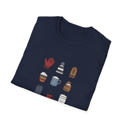 Cozy Season Essentials T-Shirt | Winter Holiday Tee | Cute Minimalist Shirt | Cozy Gift for Her | Hot Cocoa, Mittens, Beanies