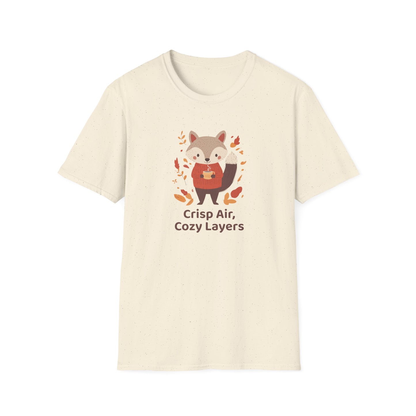 Crisp Air, Cozy Layers T-Shirt | Cute Fox Fall T-Shirt | Cozy Autumn Vibes Tee | Woodland Animal Sweater Shirt | Fall Coffee Lovers Shirt