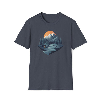 Mountain Sunset Isometric Landscape T-Shirt, Nature Scene Tee, Wilderness Hiking Shirt, Outdoor Adventure Top, Wildlife Graphic Tee