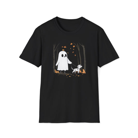 Ghost Walking Dog Forest Unisex T-Shirt, Halloween Tee, Fall Vibes, Spooky Cute Shirt, Dog Mom Halloween Gift, Minimalistic Ghost Design