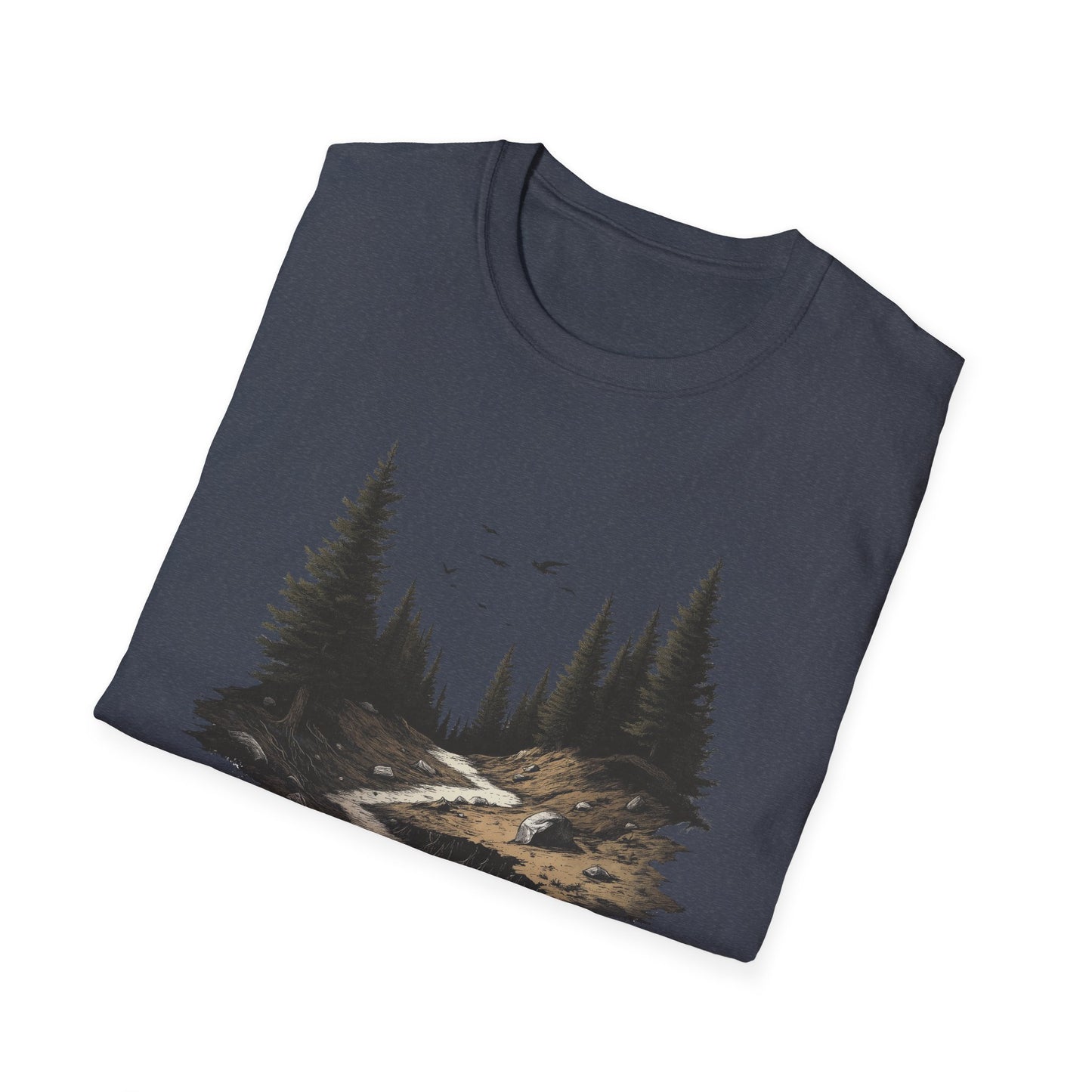 Dark Moody Forest Path T-Shirt - Artistic Pine Trees and Birds Design - Nature Adventure Outdoor Tee