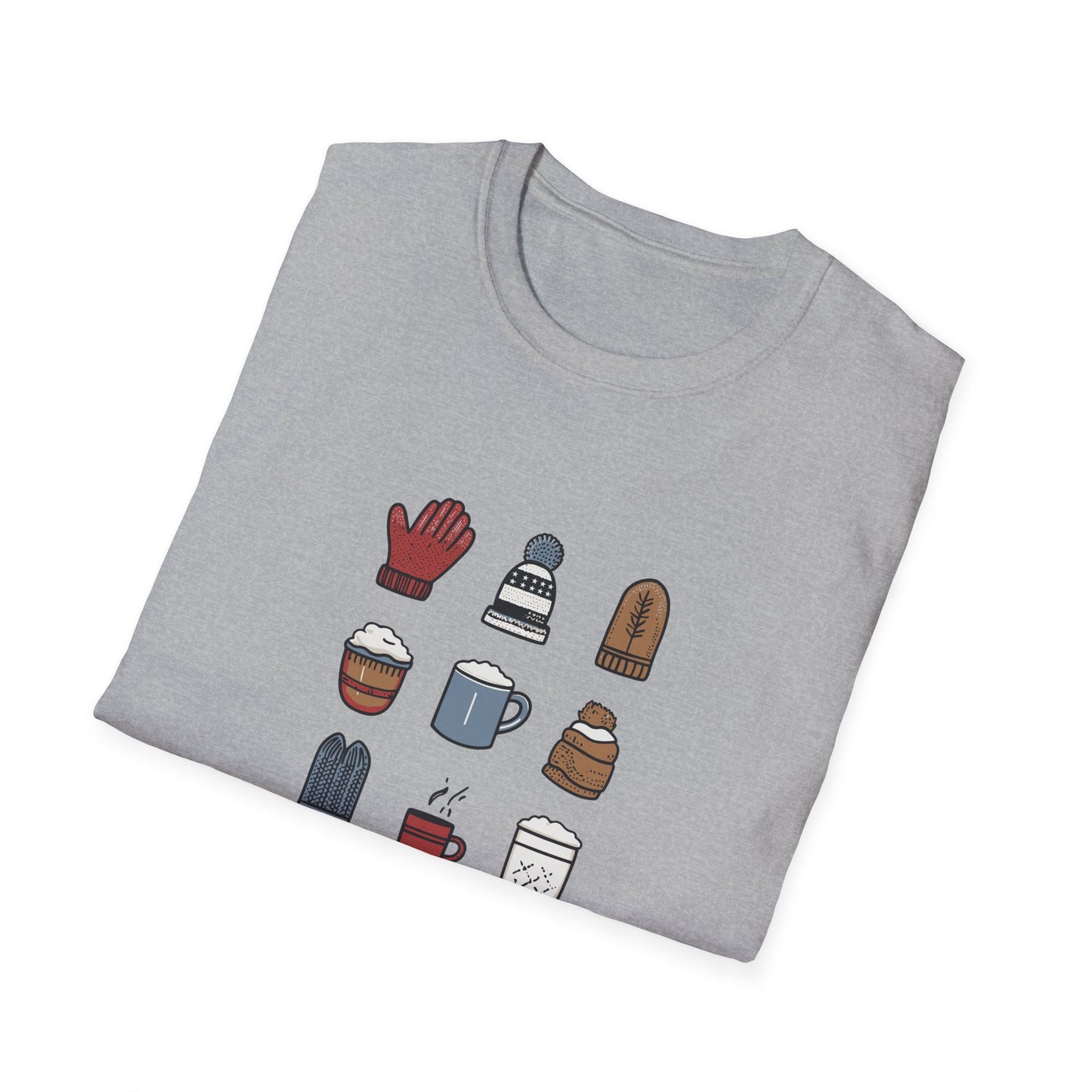 Cozy Season Essentials T-Shirt | Winter Holiday Tee | Cute Minimalist Shirt | Cozy Gift for Her | Hot Cocoa, Mittens, Beanies