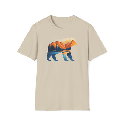 Mountain Bear Graphic T-Shirt - Scenic Sunset Landscape with Forest and Lake - Outdoor Adventure Wildlife Nature Tee