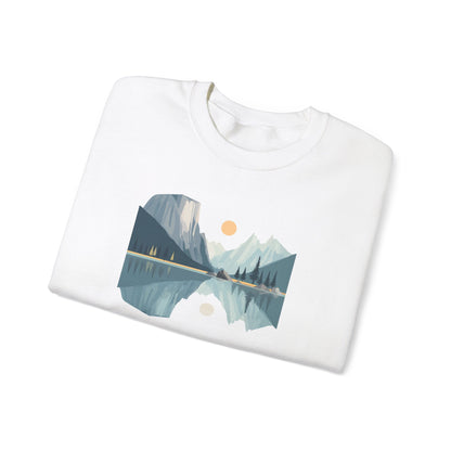 Minimalist Mountain Reflection Sweatshirt - Scenic Nature Landscape Graphic - Hiking and Camping Adventure Wear