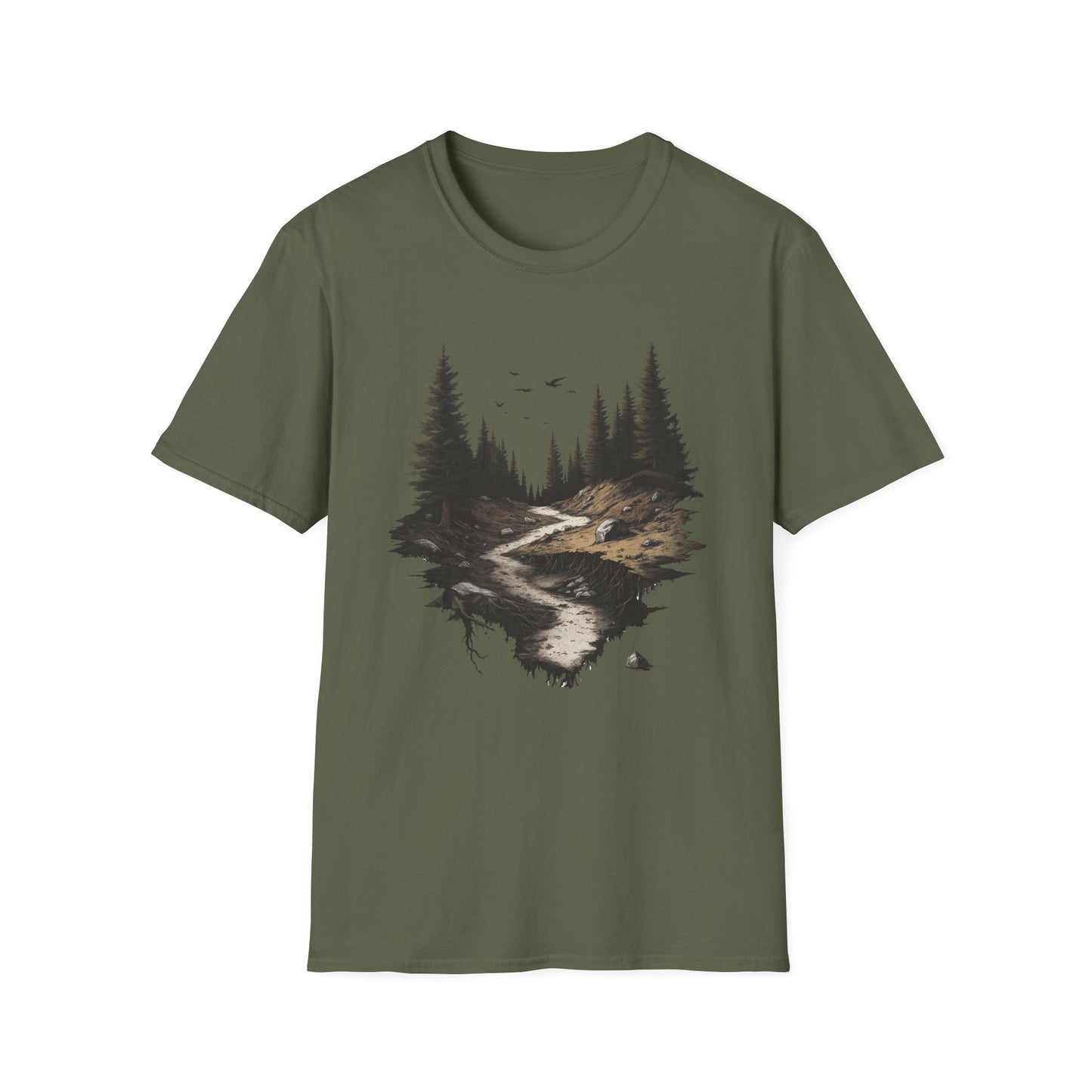 Dark Moody Forest Path T-Shirt - Artistic Pine Trees and Birds Design - Nature Adventure Outdoor Tee