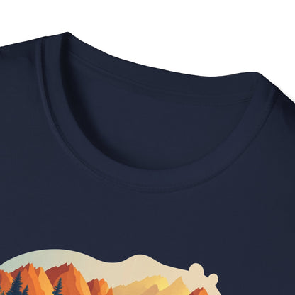 Mountain Bear Graphic T-Shirt - Scenic Sunset Landscape with Forest and Lake - Outdoor Adventure Wildlife Nature Tee