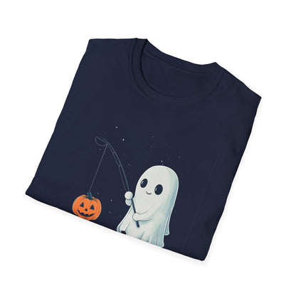 Cute Ghost Fishing T-Shirt for Halloween, Adorable Halloween Ghost Shirt, Fall Festive Ghost Tee, Cartoon Style Tee with Jack-O'-Lantern,