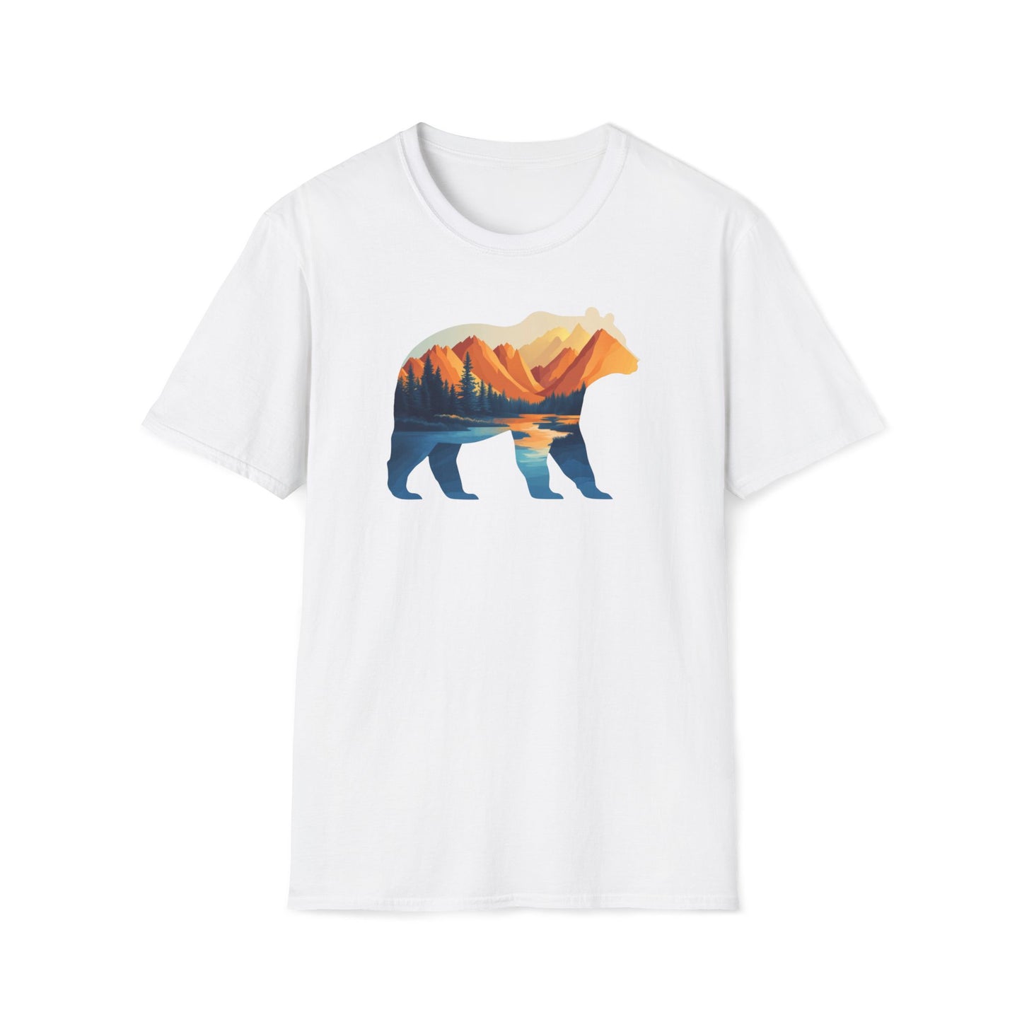 Mountain Bear Graphic T-Shirt - Scenic Sunset Landscape with Forest and Lake - Outdoor Adventure Wildlife Nature Tee