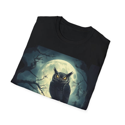 Moonlit Owl Halloween T-Shirt - Spooky Night Forest Scene with Full Moon - Nature-Inspired Halloween Wildlife Tee