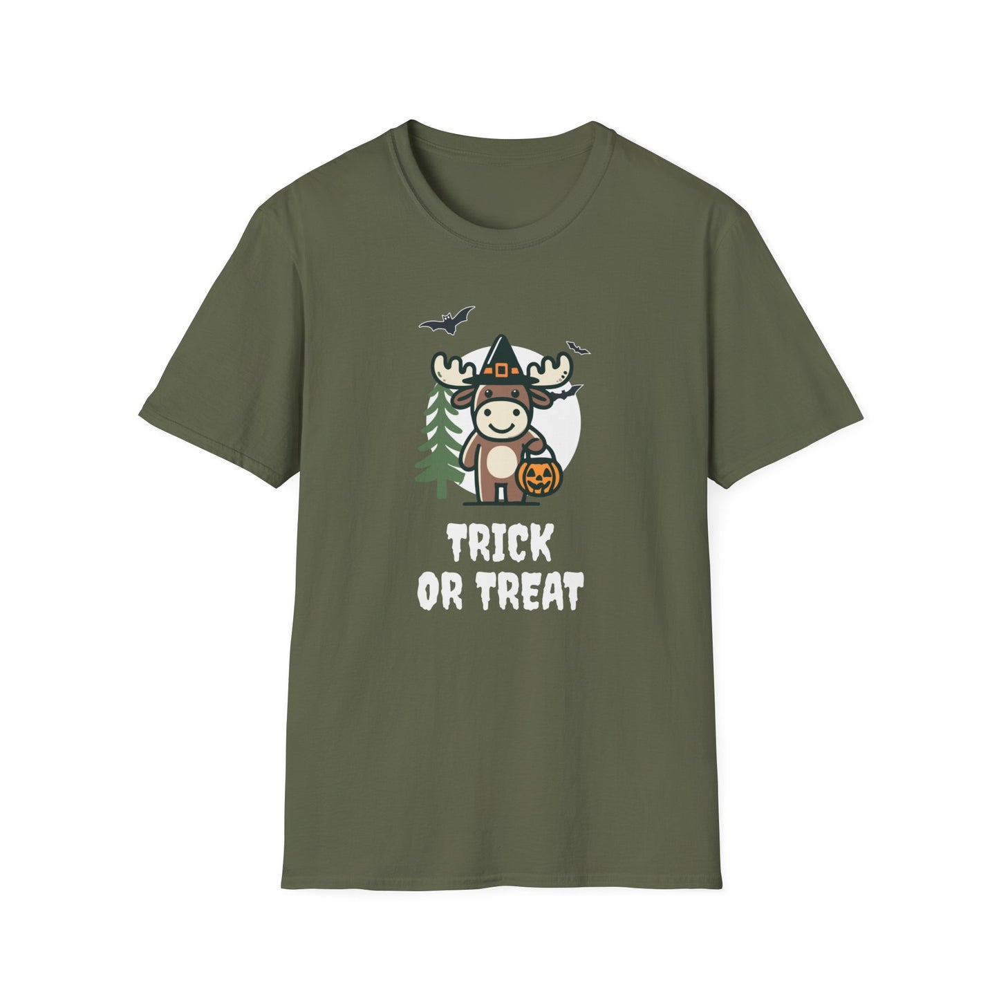 Cute Moose Halloween Trick or Treat T-Shirt | Adorable National Park Animal Illustration Tee | Perfect for Halloween and Nature Lovers