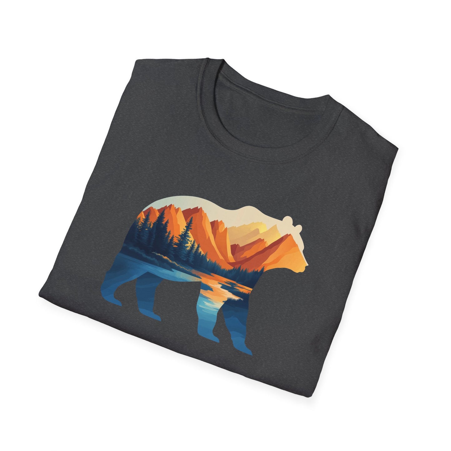 Mountain Bear Graphic T-Shirt - Scenic Sunset Landscape with Forest and Lake - Outdoor Adventure Wildlife Nature Tee