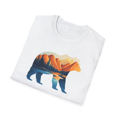 Mountain Bear Graphic T-Shirt - Scenic Sunset Landscape with Forest and Lake - Outdoor Adventure Wildlife Nature Tee