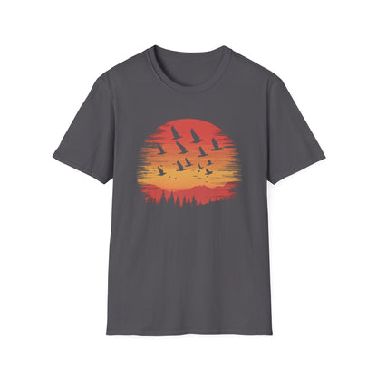 Sunset Flock T-Shirt | Minimalist Nature Design | Outdoors Graphic Tee | Birds Flying Over Forest at Sunset | Perfect for Nature Lovers