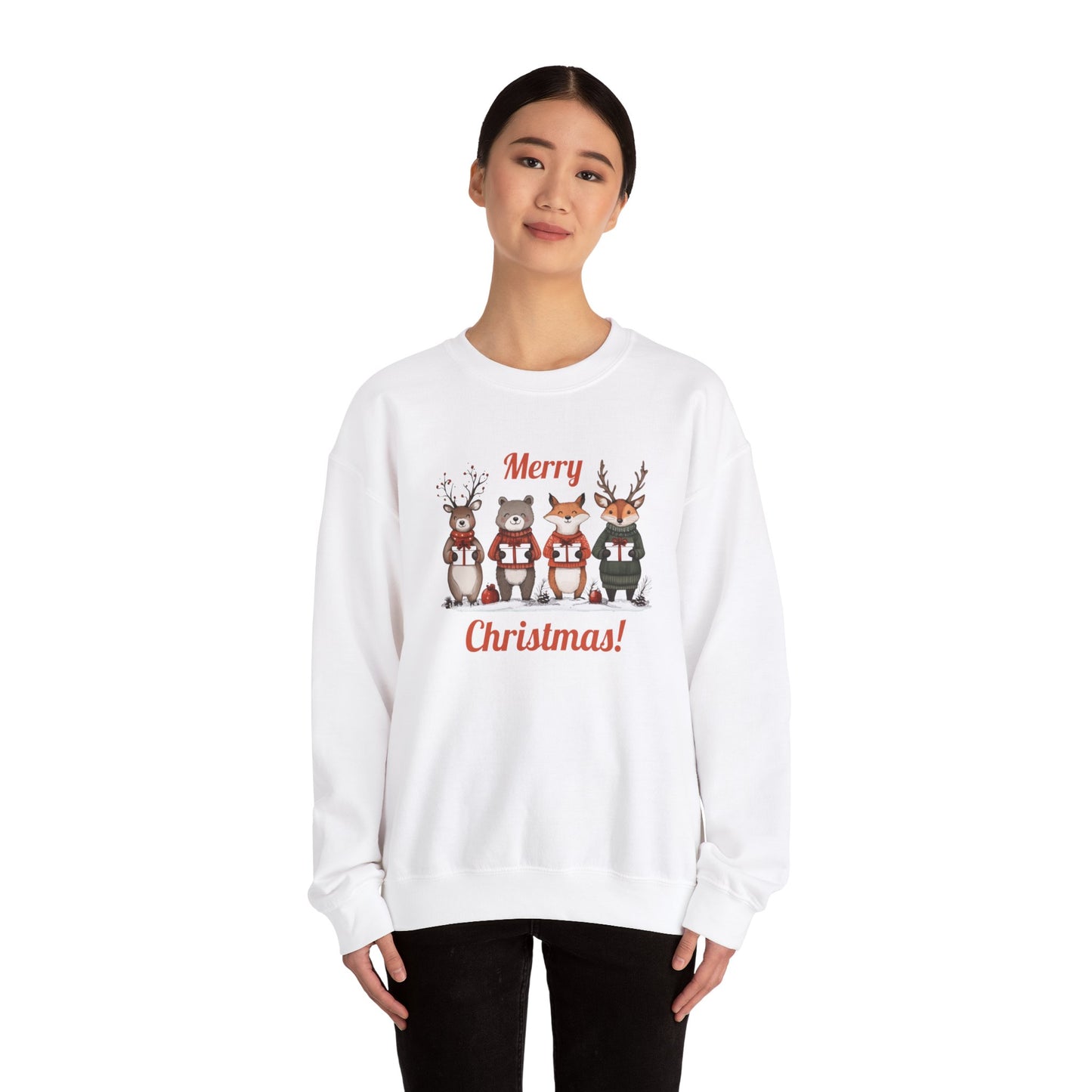 Merry Christmas Woodland Animals Sweatshirt, Reindeer Bear Fox Deer Crewneck, Sweatshirt for Animal Lovers, Festive Christmas Sweater, Cozy