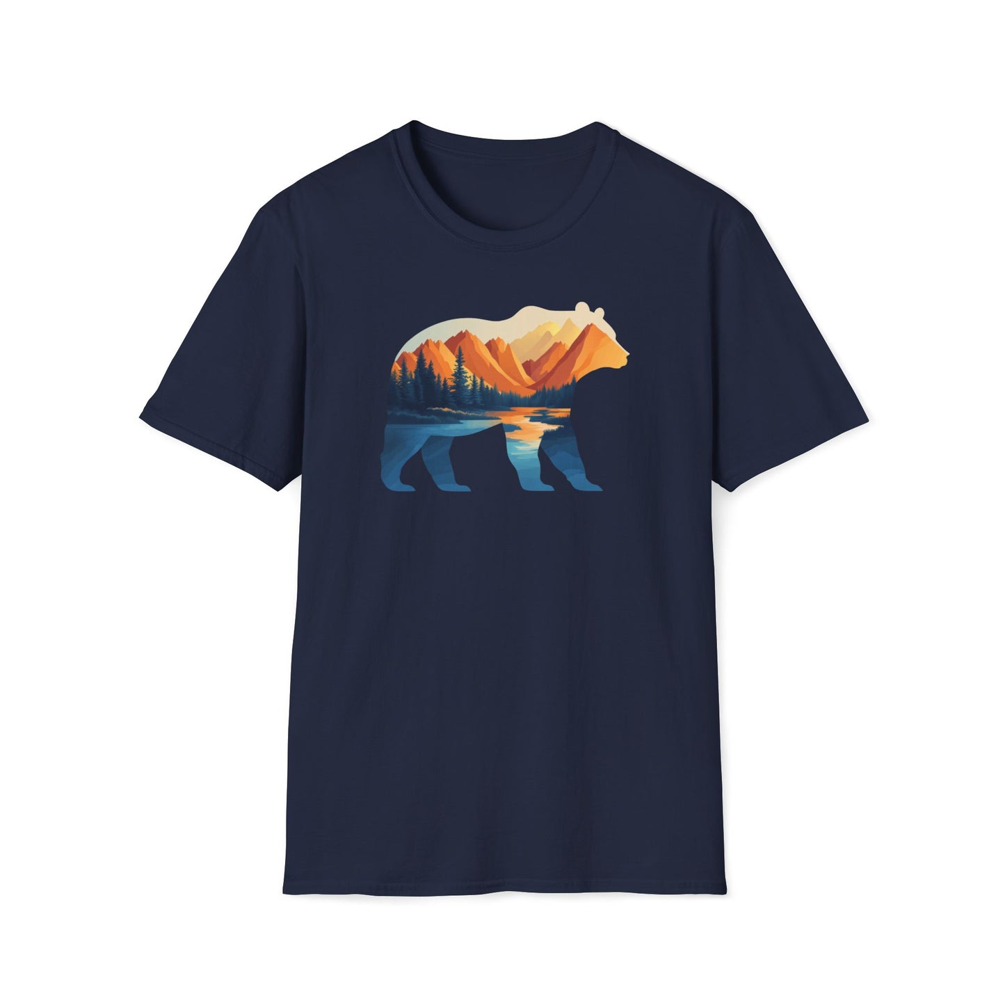 Mountain Bear Graphic T-Shirt - Scenic Sunset Landscape with Forest and Lake - Outdoor Adventure Wildlife Nature Tee