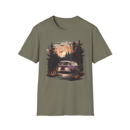 Halloween Van Life T-Shirt | Spooky Camper Van in Haunted Forest | Adventure Gift for Van Life Lovers and Campers