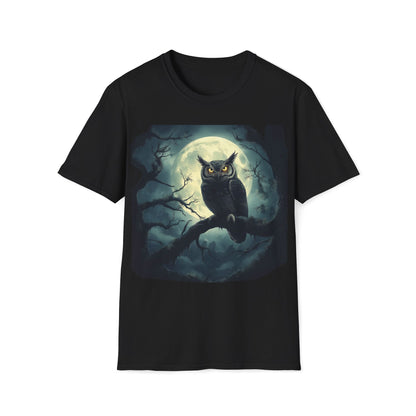 Moonlit Owl Halloween T-Shirt - Spooky Night Forest Scene with Full Moon - Nature-Inspired Halloween Wildlife Tee