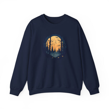 Haunted Forest Halloween Sweatshirt - Spooky Sunset Scene with Jack-o'-Lanterns and Bats - Outdoor Nature Themed Halloween Apparel