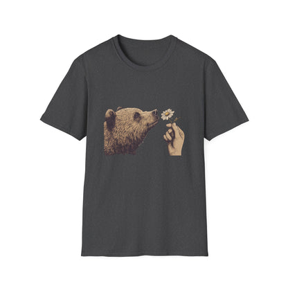 Wild Encounter Bear T-Shirt, Curious Grizzly Shirt, Nature Lover Gift, Sniffing Wildflower, Minimalist Wildlife Tee, National Park Shirt