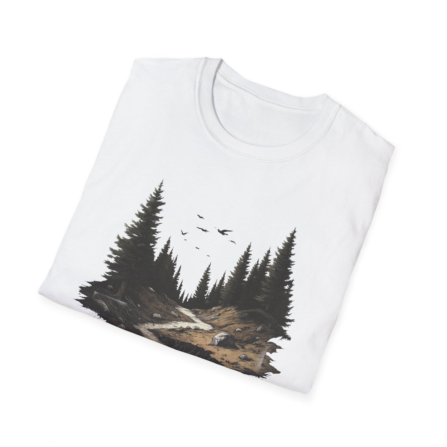 Dark Moody Forest Path T-Shirt - Artistic Pine Trees and Birds Design - Nature Adventure Outdoor Tee