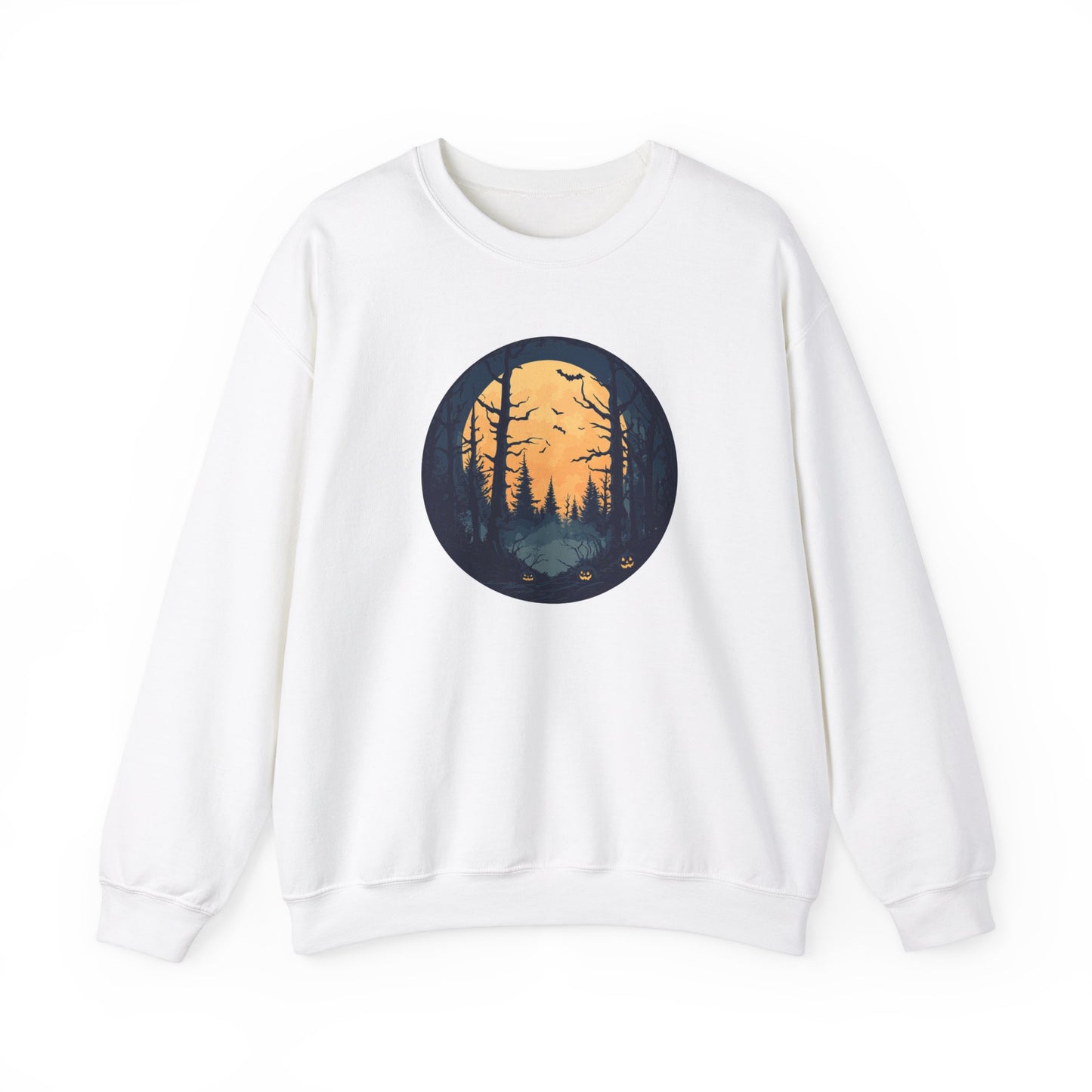 Haunted Forest Halloween Sweatshirt - Spooky Sunset Scene with Jack-o'-Lanterns and Bats - Outdoor Nature Themed Halloween Apparel