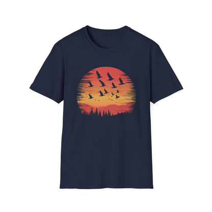 Sunset Flock T-Shirt | Minimalist Nature Design | Outdoors Graphic Tee | Birds Flying Over Forest at Sunset | Perfect for Nature Lovers