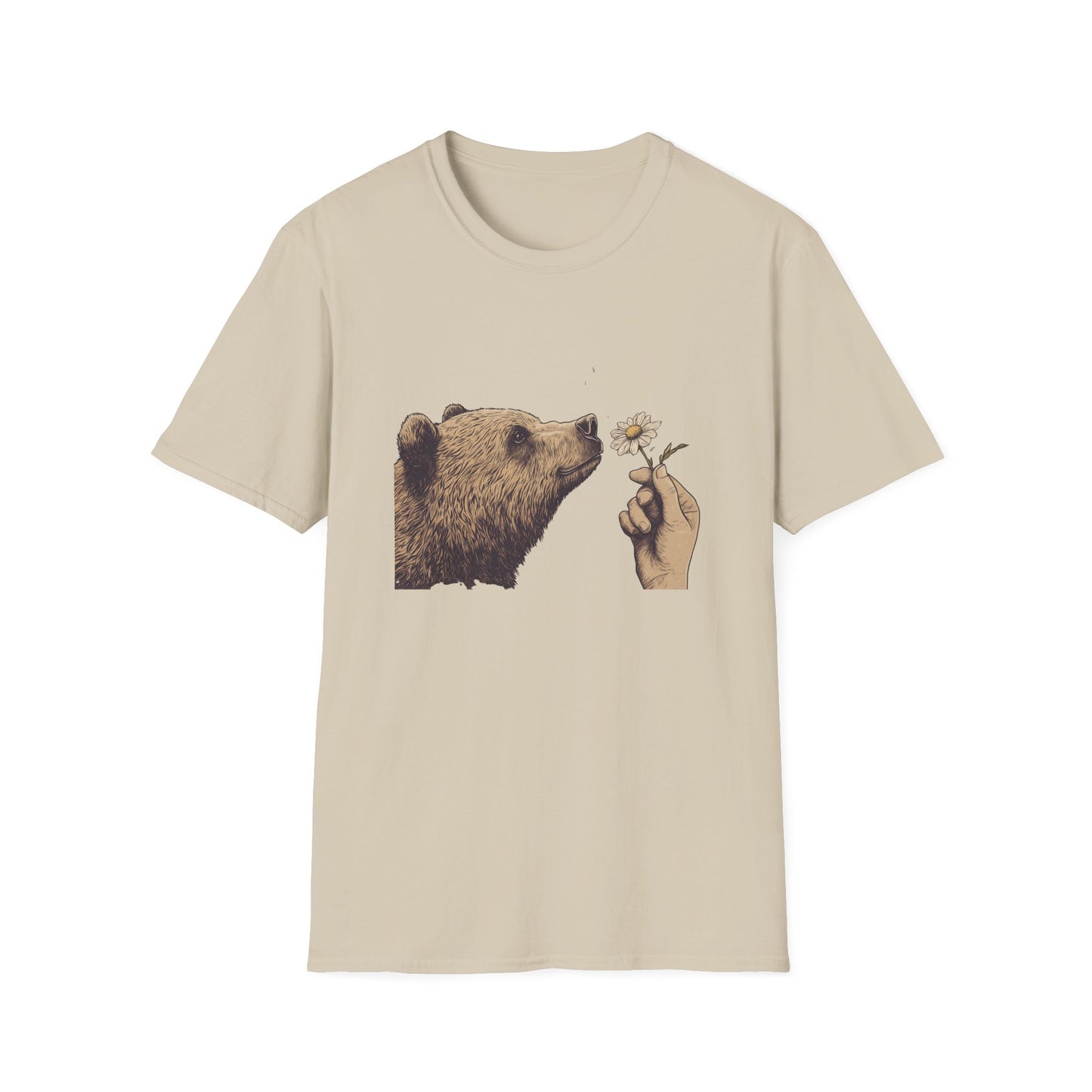 Wild Encounter Bear T-Shirt, Curious Grizzly Shirt, Nature Lover Gift, Sniffing Wildflower, Minimalist Wildlife Tee, National Park Shirt