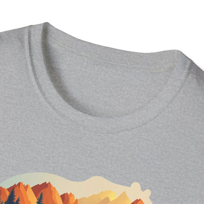 Mountain Bear Graphic T-Shirt - Scenic Sunset Landscape with Forest and Lake - Outdoor Adventure Wildlife Nature Tee