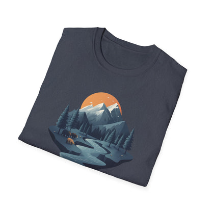 Mountain Sunset Isometric Landscape T-Shirt, Nature Scene Tee, Wilderness Hiking Shirt, Outdoor Adventure Top, Wildlife Graphic Tee