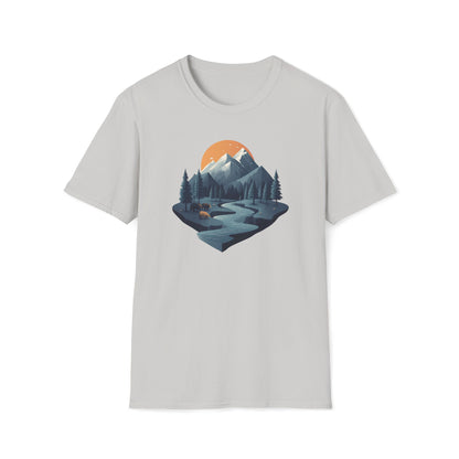 Mountain Sunset Isometric Landscape T-Shirt, Nature Scene Tee, Wilderness Hiking Shirt, Outdoor Adventure Top, Wildlife Graphic Tee