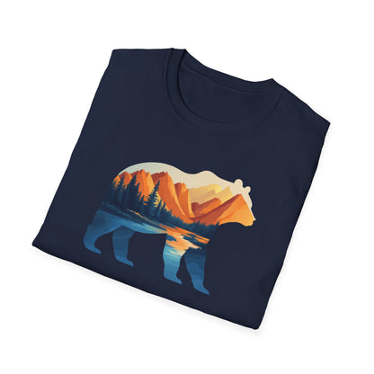 Mountain Bear Graphic T-Shirt - Scenic Sunset Landscape with Forest and Lake - Outdoor Adventure Wildlife Nature Tee